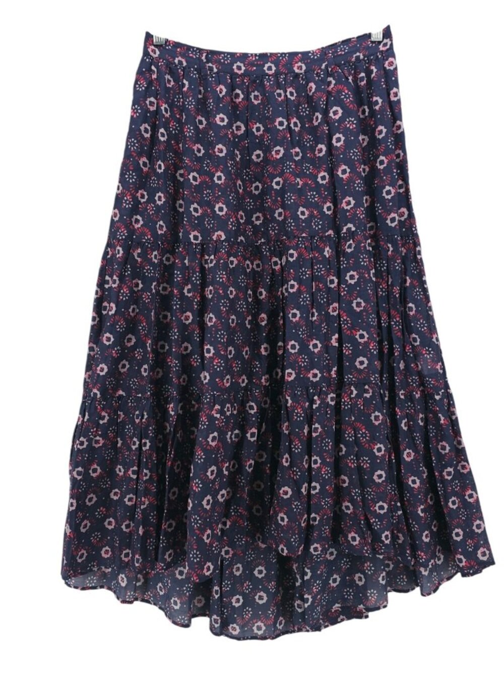XIRENA Iris Cotton Silk Tiered Boho Midi Skirt Hi-Lo Hem Geo Pattern LARGE